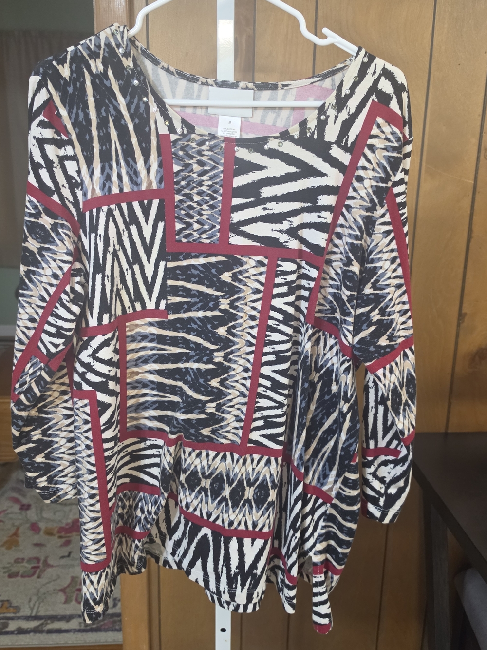 Alfred Dunner Black, White and Red Geometric Zebra Patchwork Tunic